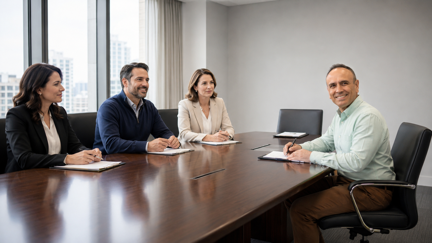 An executive leader at the boardroom table, engaged on the mandate at hand.