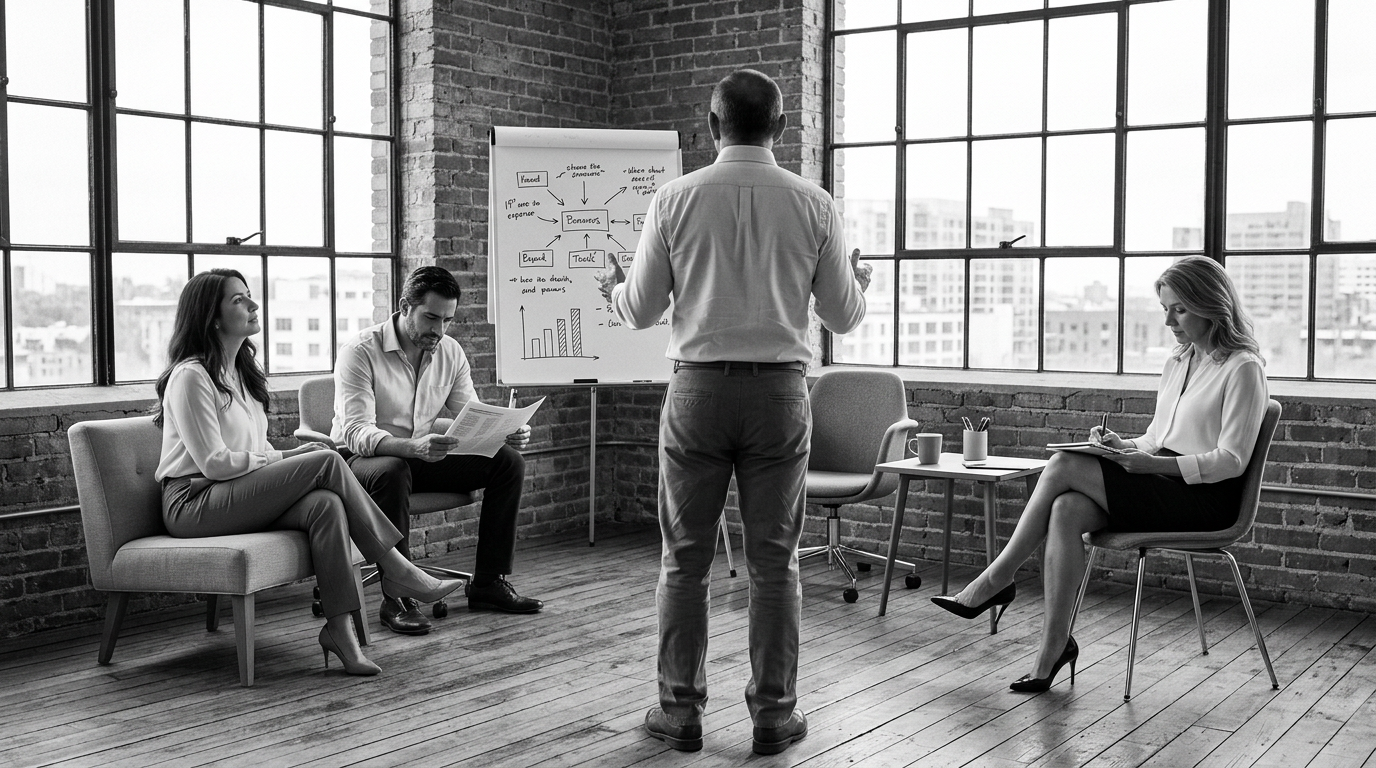 Shailan Topiwala, seen from behind, leading an informal working session at a whiteboard