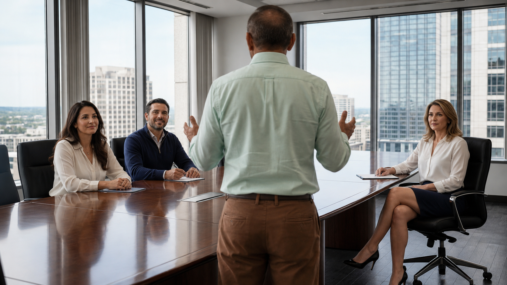 Executive leading a discussion in a sunlit boardroom